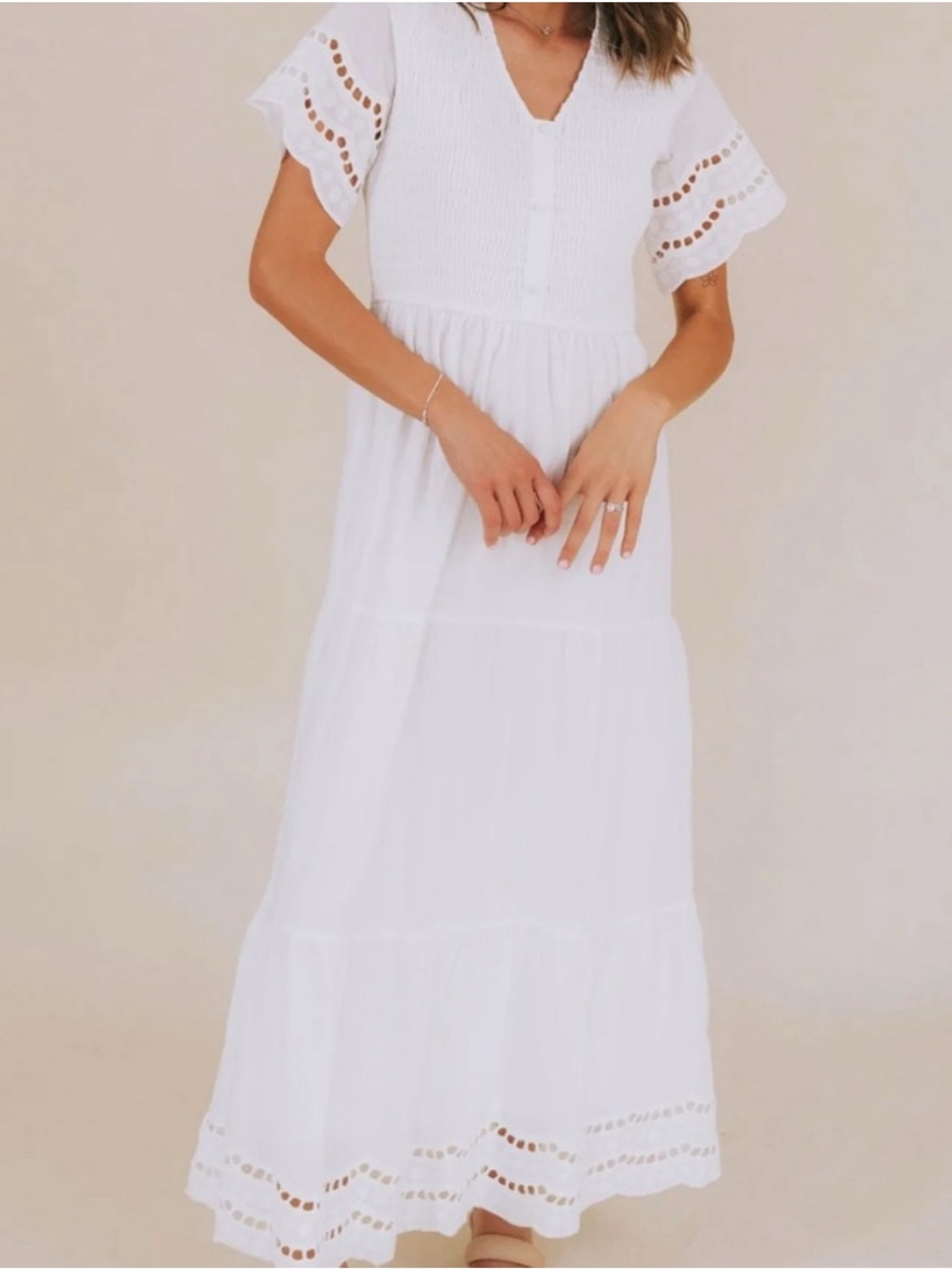 One Loved Babe White Eyelet Maxi Dress with V-Neck